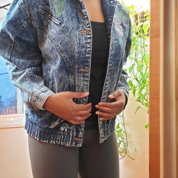 RARE  | Vintage Roglins Acid Wash Bomber Jean Jacket Glitter florals (Size M) - Picture 14 of 16